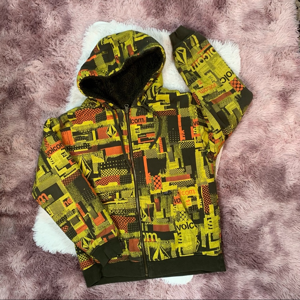 Volcom Radar Matrix Fur Sherpa Hoodie Zip-Up Jacket Yellow Orange Brown Graffiti